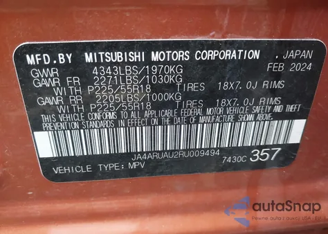 2024 Mitsubishi Outlander Sport 2.0 Es Awc/2.0 Le Awc/2.0 Ralliart Awc/2.0 S Awc/2.0 Se Awc/2.0 Trail Edition Awc z USA, uszkodzony, nr VIN JA4ARUAU2RU009494